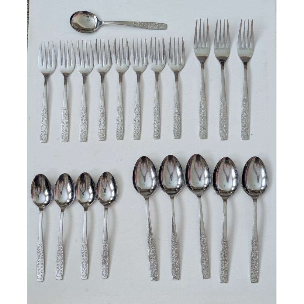 Vtg MCM Stainless Imperial Scroll Cadiz Japan Flatware Spoons Forks (Lot of 21)